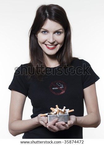 studio portrait of a beautiful woman on isolated on white background who want to stop smoking