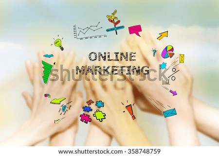 Marketing Concept, colorful drawings of hands in the background