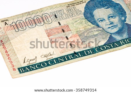 10000 Costa Rican colones bank note. Colones is the national currency of Costa Rica