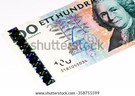 100 Swedish crown bank note. Swedish crown is the national currency of Sweden