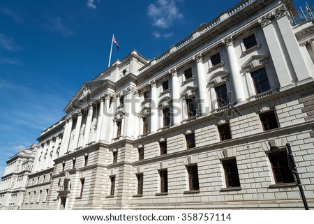 HM Treasury building, London, England, UK Royalty-Free Stock Photo #358757114