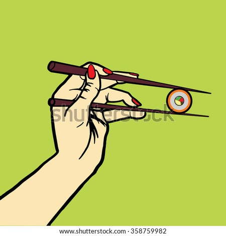 Hand with chopsticks and sushi pop art style raster illustration. Comic book style