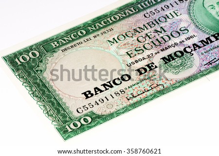 100 Mozambican ecudos bank note. Mozambican escudo is former currency of Mozambique