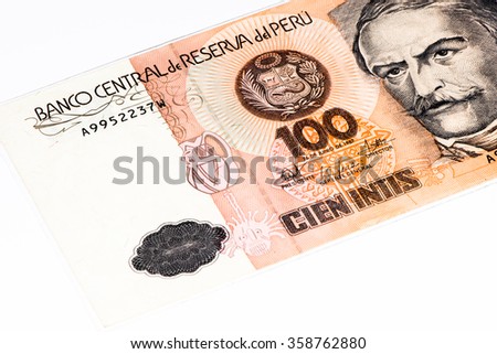 100 intis bank note. Inti is the former currency of Peru