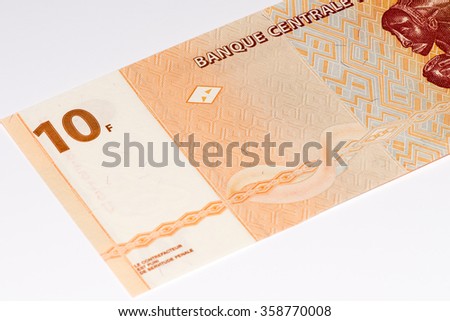 10 Congoles francs bank note of Congo. Congoles franc is the national currency of Congo