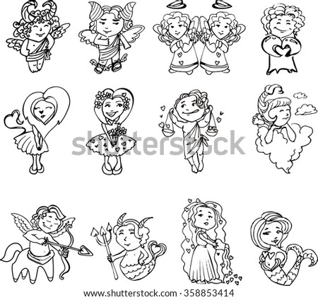 Set of Cupids with hearts on Valentine's day, in black and white. Zodiac signs stylized Valentine's day. Horoscope in the style of Valentine's day. The signs of the zodiac with wings and hearts.Vector
