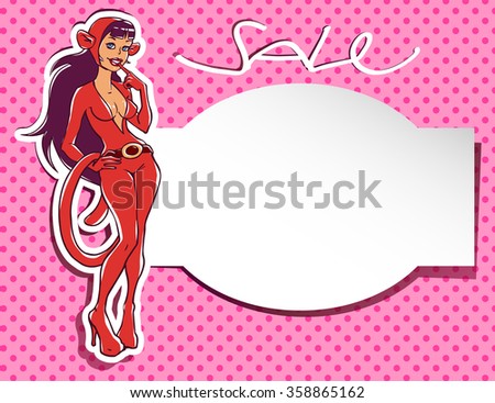 Pop art style girl in a suit of red  monkey  and a sale speech bubble. Chinese new 2016 year - year of red monkey. Vector Graphic illustration.