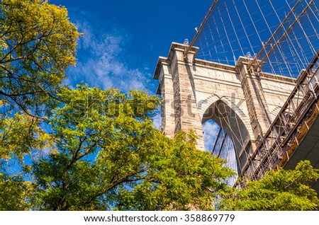 Beautiful side view of Brooklyn Bridge, detail on a sunny day.