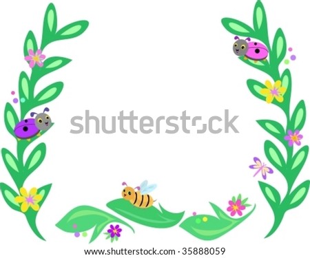 Frame of Big Leaves, Bees, Ladybugs, and Butterflies Vector
