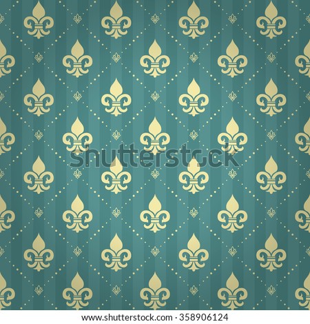 Splendor regal seamless pattern with light yellow heraldic fleur-de-lys ornament elements on aqua blue striped shaded background with lotus and dot fill out. High quality decor design. Royal pattern. Royalty-Free Stock Photo #358906124