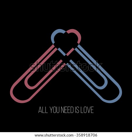 Two hugging paper clips shaping a heart. Valentine's vector minimal unique idea greeting card  