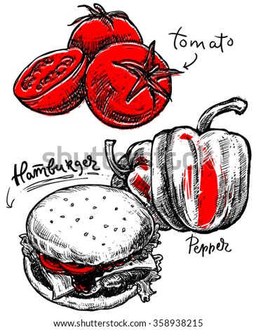 Hamburger, pepper and tomatoes. Vector illustration. Food sketch set. 