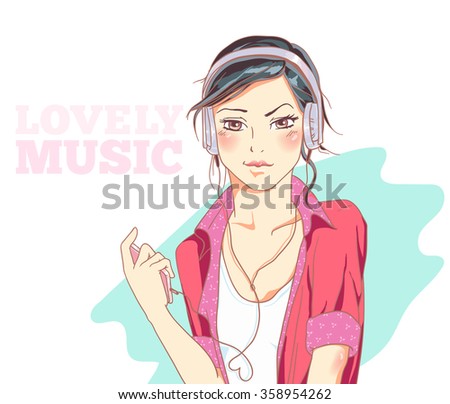 Illustration girl vector listening to music on headfhones. Lovely music. Character design. Cute girl illustration. Template for design cards, notebook, shop, poster. 