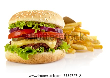 Big single cheeseburger with french fries isolated on white background Royalty-Free Stock Photo #358972712