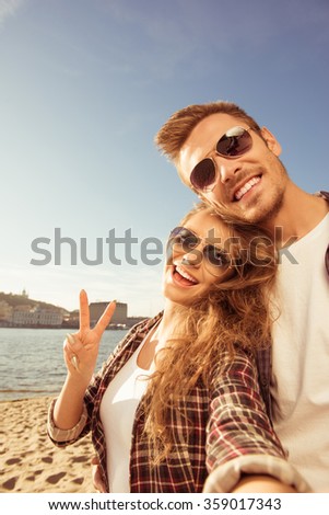Funny selfie of couple in love