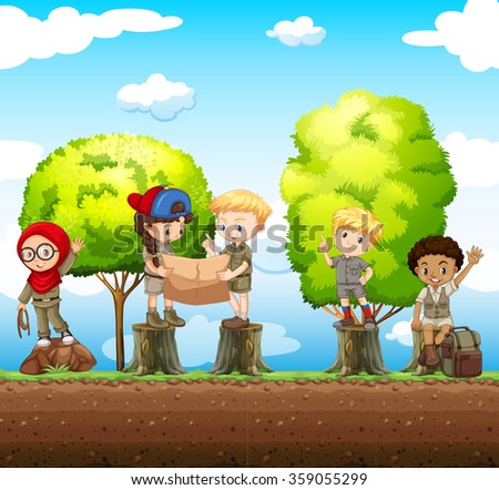 Children standing on the log illustration