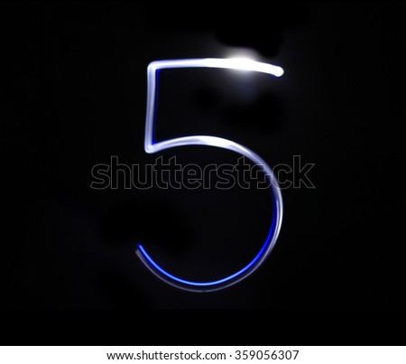 Five blue light digit hand writing over black background.