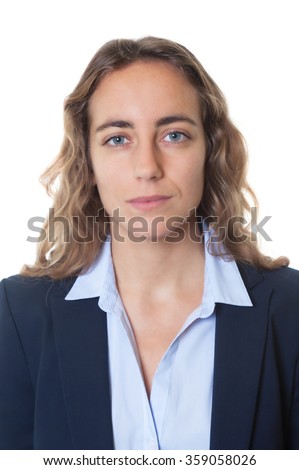Passport photo of a cool blond businesswoman with blue eyes and blazer