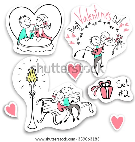 Set of couples in the sketch style. Characters in different situations. sketch design character on Valentine day. Couple in love, handing boyfriend/ presents heart for your design. Vector illustration