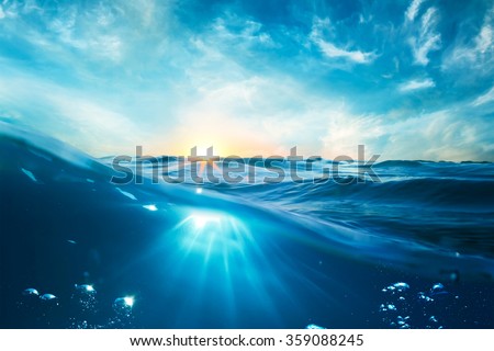 design template with underwater part and sunset skylight splitted by waterline 
