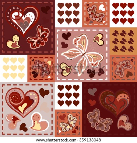 Patchwork colorful with hearts and butterfly. Seamless pattern. Scrapbooking series. Vector background.