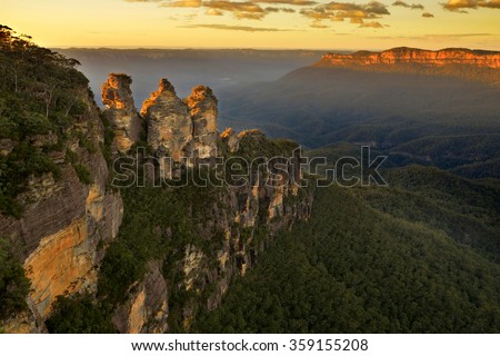 Sunrise in Blue Mountains. View on Three Sisters Rock Formation. Royalty-Free Stock Photo #359155208