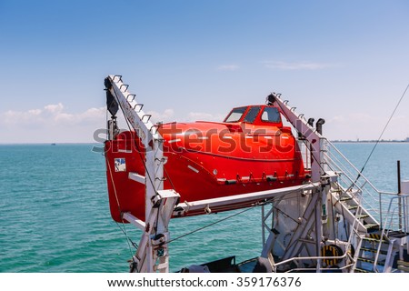 Lifeboat on a ferry. Lifeboat on deck of a cruise ship. View of boats on a cruise ship on the sea background