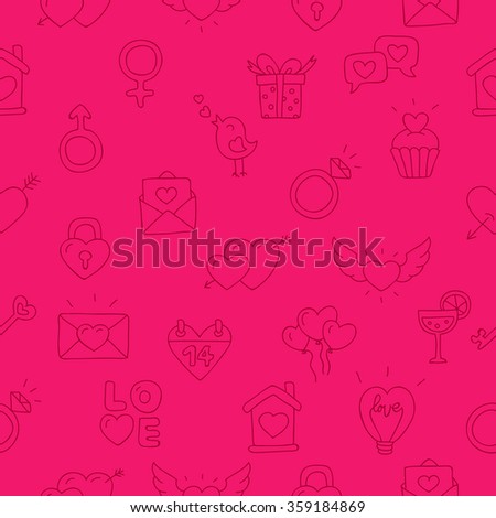 Seamless vector pattern of icon Valentine's Day on a scarlet background.