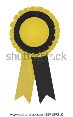 Circular pleated black and yellow winners rosette made from ribbon with blank yellow center to apply a design to. Uses colors of SNP (Scottish National Party), the Pittsburgh Steelers and Cornwall.