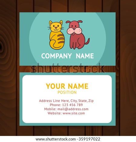 Business card with cat and dog for veterinary clinics or pet-shop on wooden background. Vector illustration elegant template, eps10.