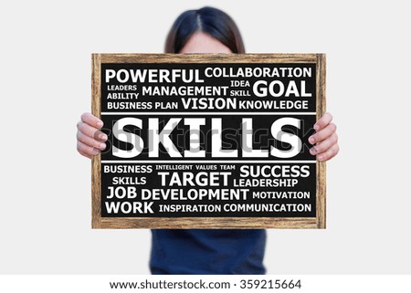 SKILLS word on the blackboard wooden frame on hand asia woman with white background.business concept.