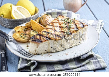 Barbecue Swordfish Steak on Plate Royalty-Free Stock Photo #359222114