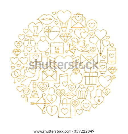 Gold Happy Valentine Day Holiday Line Icons Set Circle Shape. Vector Illustration of Decoration Wedding Celebration Objects. Love Items.
