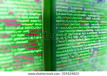 Computer source code programmer script developer. Modern technology background. Web software. Shallow depth of field, selective focus effect. All code and text written and created entirely by myself.