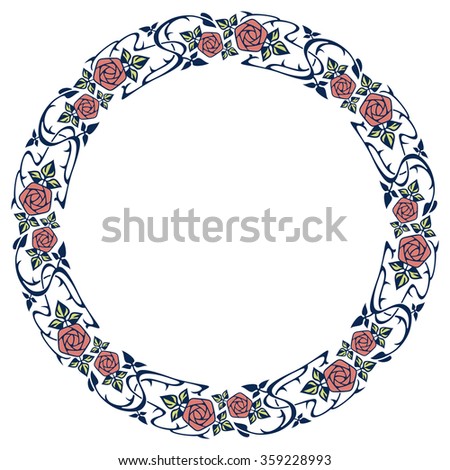 Floral round frame with roses in Nouveau style. Vintage flowers arranged on a shape of the wreath, for wedding invitations and birthday cards. Vector clip art.