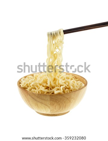 instant noodle in a bowl wooden with chopstick on white background