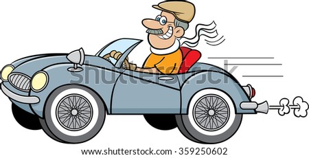 Cartoon illustration of a man driving a sports car.