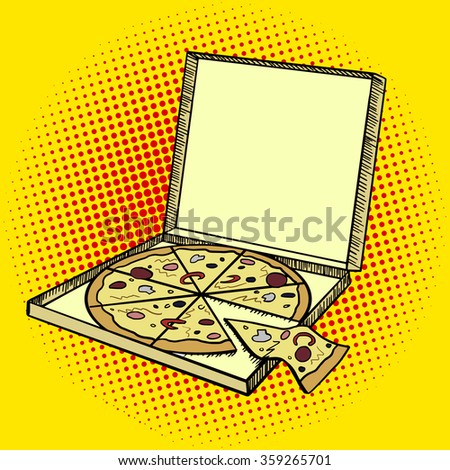 Pizza box pop art style vector illustration. Comic book style imitation
