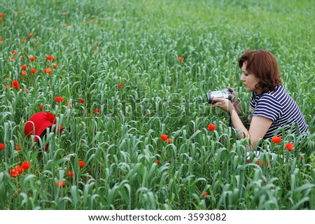 Woman in green wheat field photographing red hat