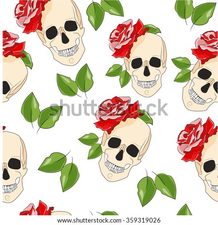 seamless color pattern skull with flowers and leaves.skull with rose 