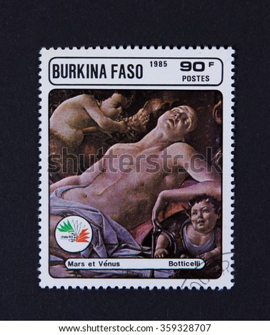 A stamp printed in the Burkina Faso, is devoted to the International Philatelic Exhibition Italia 85, shows a picture of Botticelli, "Venus and Mars", circa 1985 in Burkina Faso