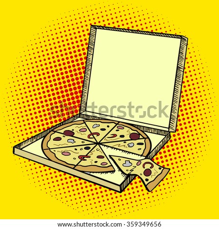 Pizza box pop art style raster illustration. Comic book style imitation