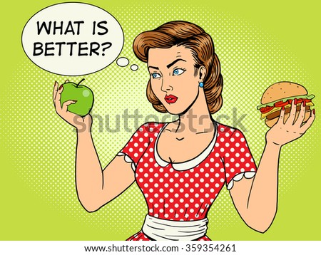 Young woman with apple and burger pop art style vector illustration. Comic book style imitation. Vintage fashion