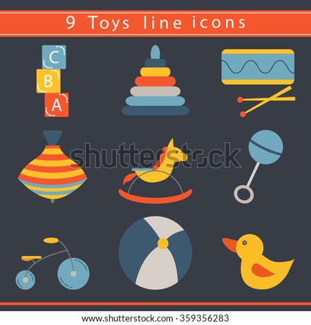 Flat icon set of new born and baby toys. Modern funny kids design for baby shower. Childhood collection Ã¢?? blocks with letters, whirligig, bicycle, rattle, ball, duck, drum and pyramid.