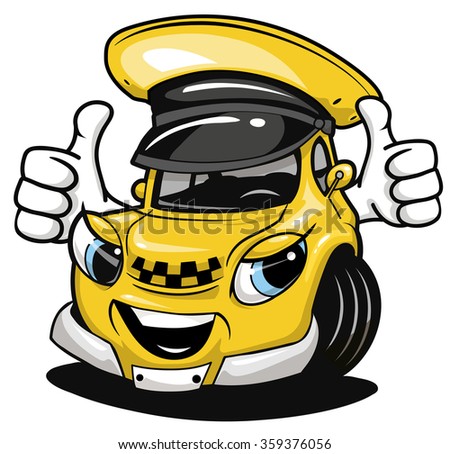 Cartoon taxi car wearing a yellow cab hat and giving a thumbs up