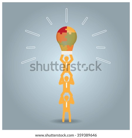 Group of people and a puzzled lightbulb on a grey background