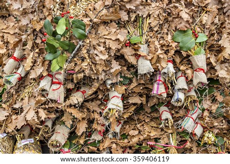 Pile of badnjak on the market - Yule-log, mistletoe, fir branches, wheat, Serbian christmas