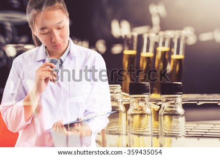 Double exposure of Scientists or doctor is thinking for writing report with Laboratory glassware containing chemical liquid, science research concept,