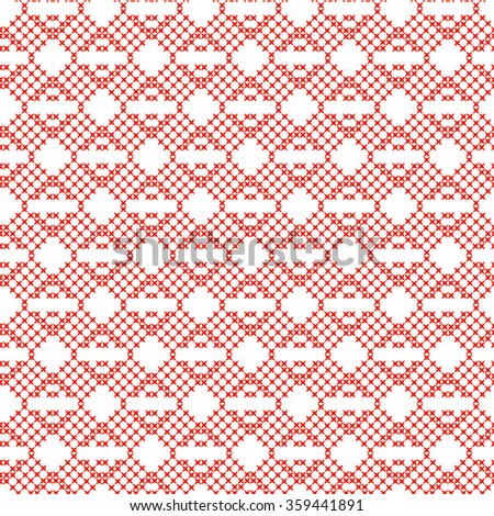 Cross stitch seamless vector pattern. Red embroidery folk design. Geometric rhombs in ethnic national style.