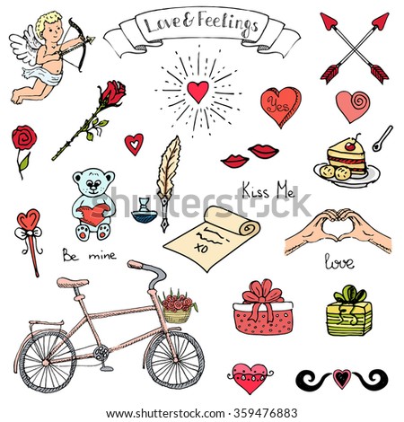 Hand drawn doodle Love and Feelings collection Vector illustration Sketchy Love icons Big set of icons for Valentine's day, Mothers day, wedding, love and romantic events Hearts hands Cupid Bicycle